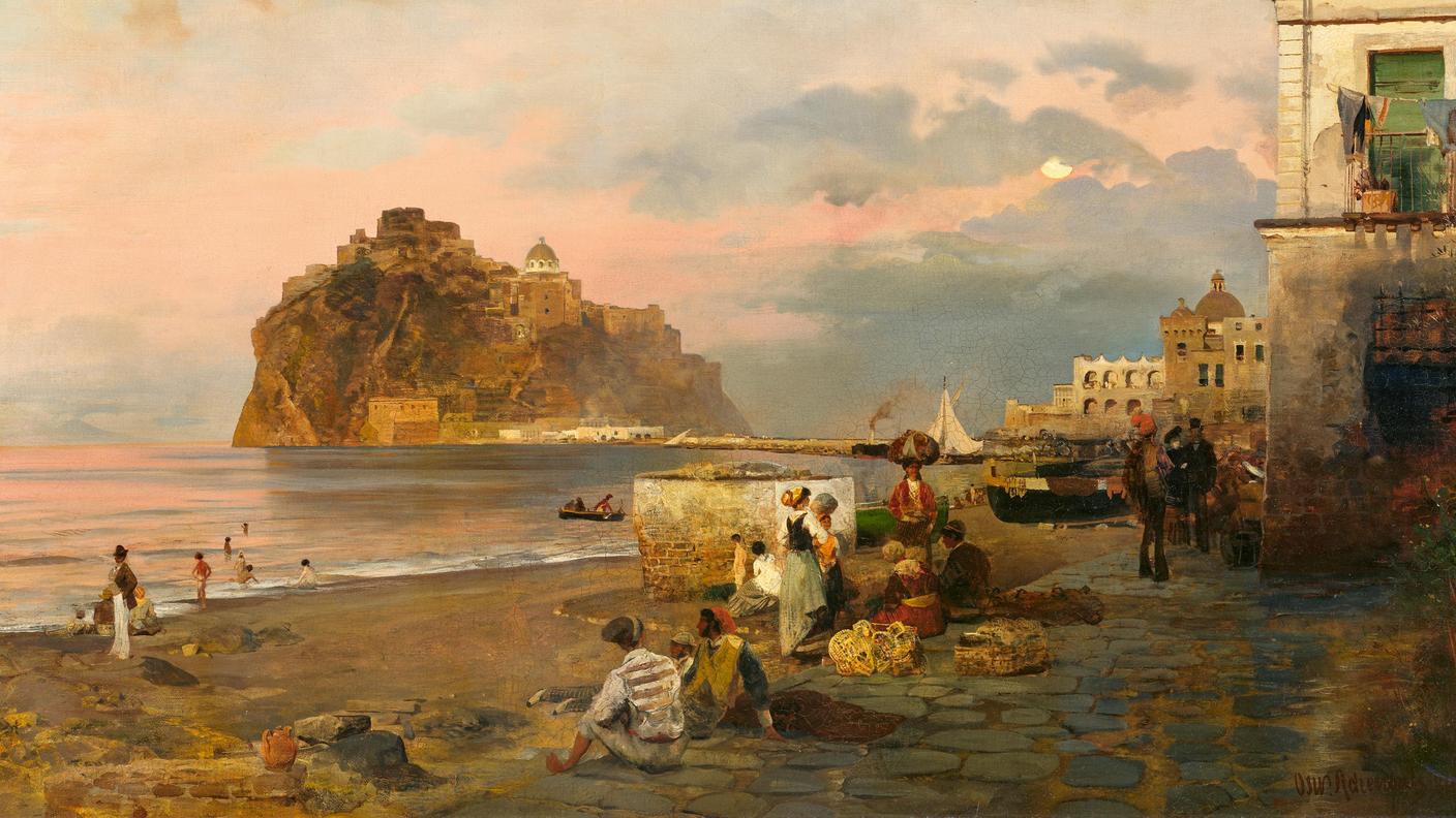 Oswald Achenbach, Oswald / Atmosfera serale al porto di Ischia, 1884