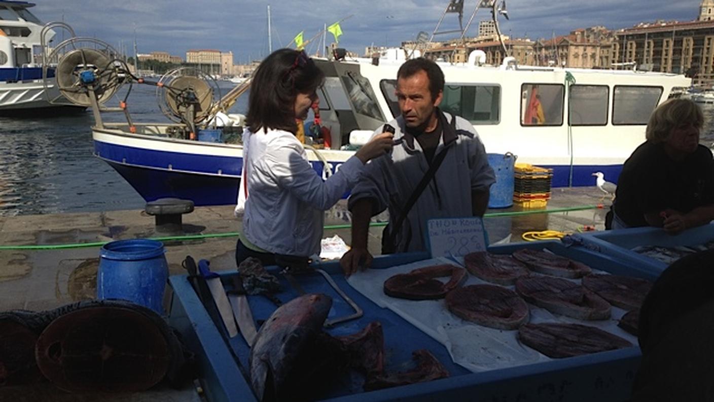 Un pescatore con la sua bancarella al Vieux Port