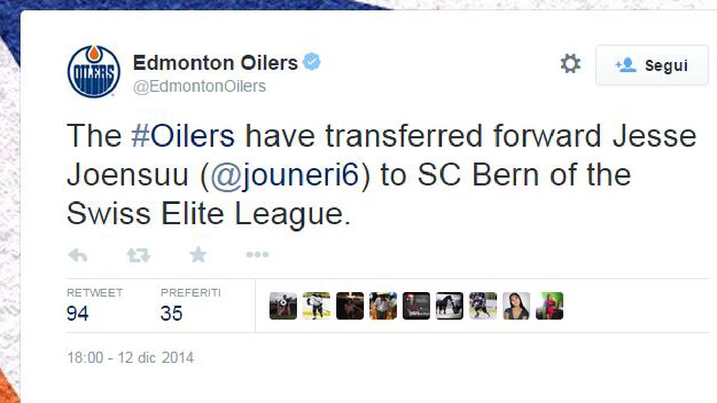 La notizia twittata dagli Edmonton Oilers