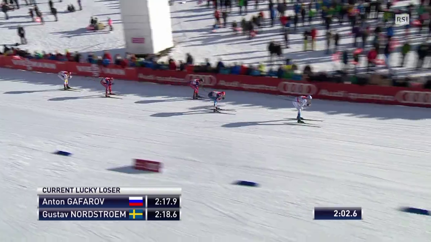 Fondo, sprint U di Davos l'arrivo della quarta batteria dei quarti di finale (21.12.2014)
