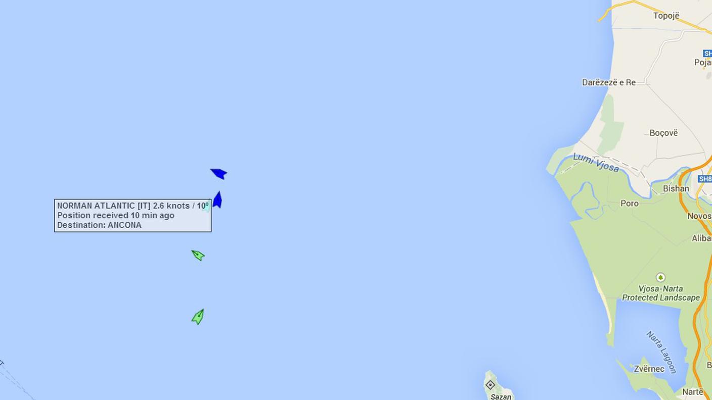 La posizione della Norman Atlantic dal sito marinetraffic.com