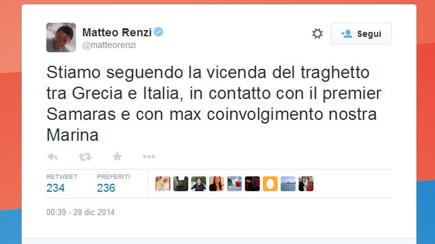 Il tweet del premier italiano Matteo Renzi
