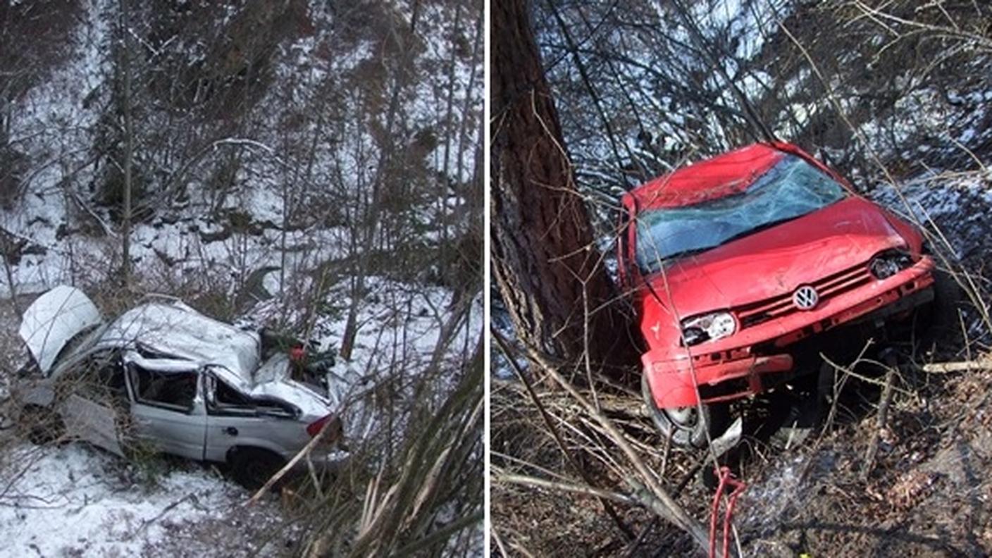 A sinistra l'incidente di Ramosch e l'auto demolita a Ftan