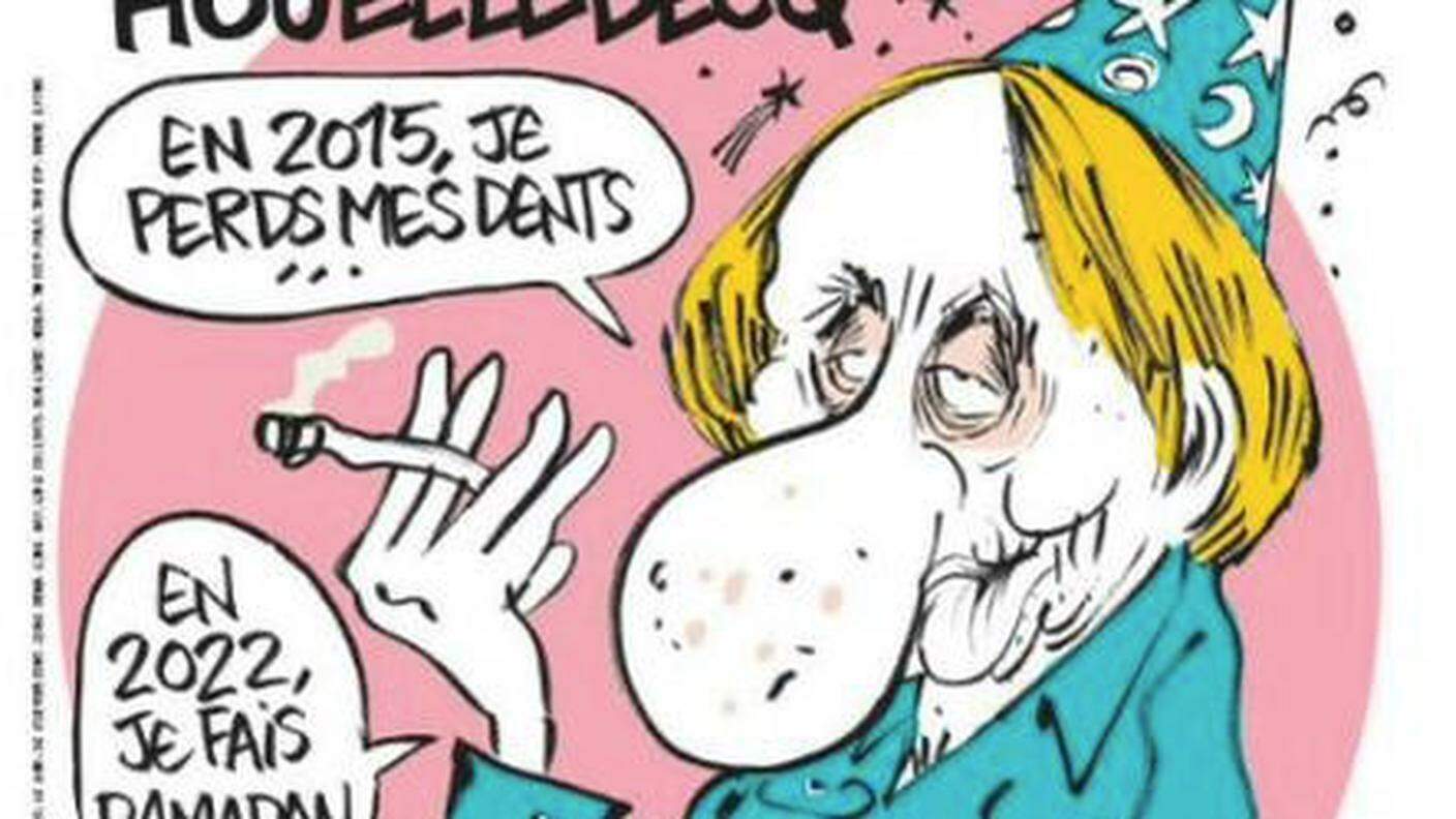 La copertina di Charlie Hebdo con lo scrittore Houellebecq