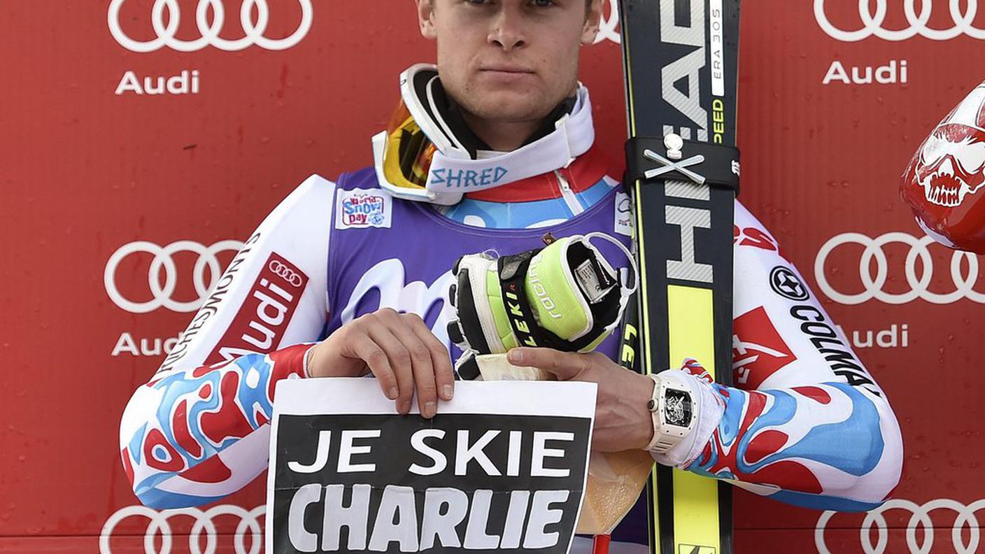 Lo sciatore francese Alexis Pinturault sul podio della FIS World Cup di Adelboden