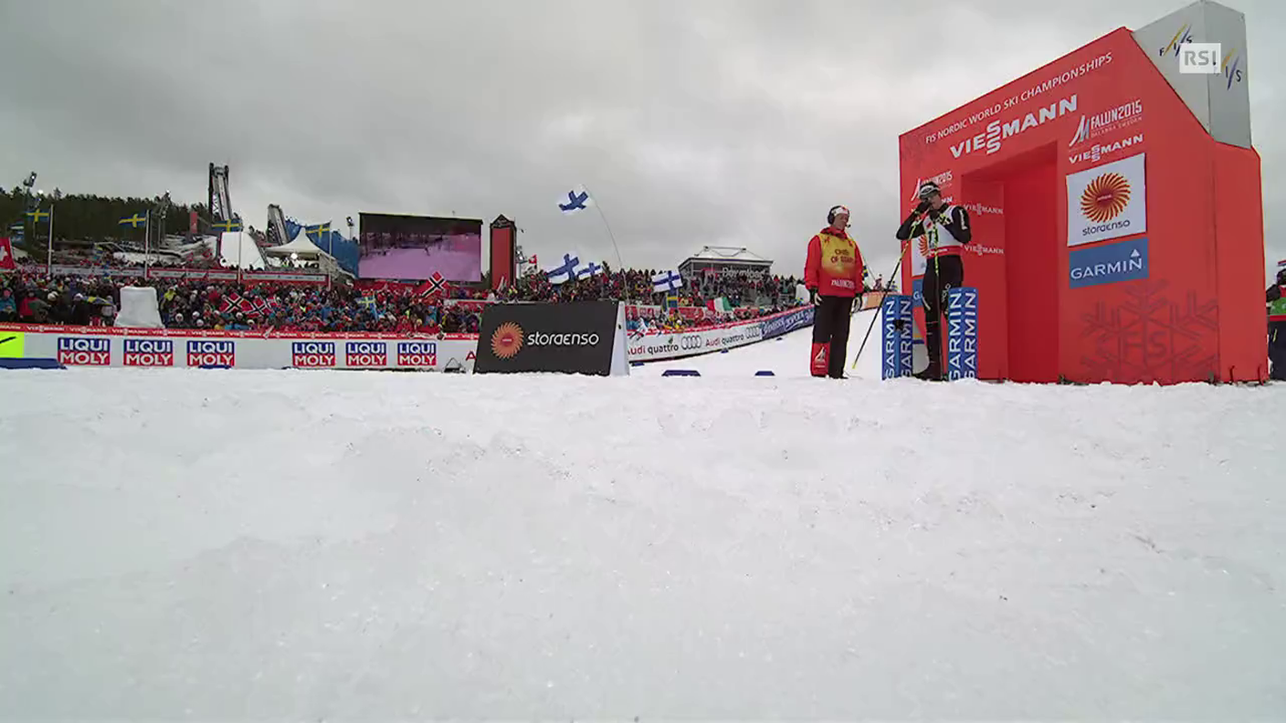 Mondiali di Falun, la partenza di Dario Cologna nella 15km maschile (25.02.2015)
