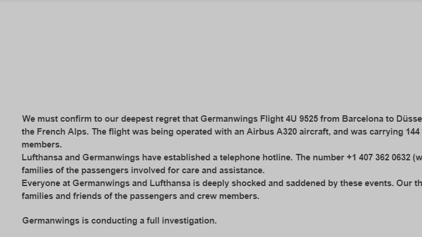 Il messaggio di cordoglio sul sito di Germanwings 