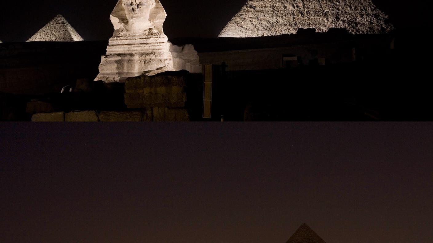 Le Piramidi di Giza prima e durante l'Ora della Terra nel 2010