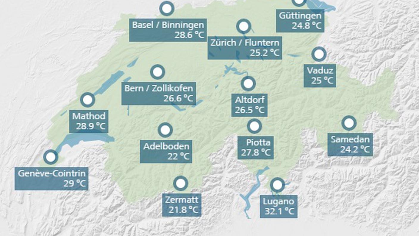 Le temperature di oggi rilevate da MeteoSvizzera