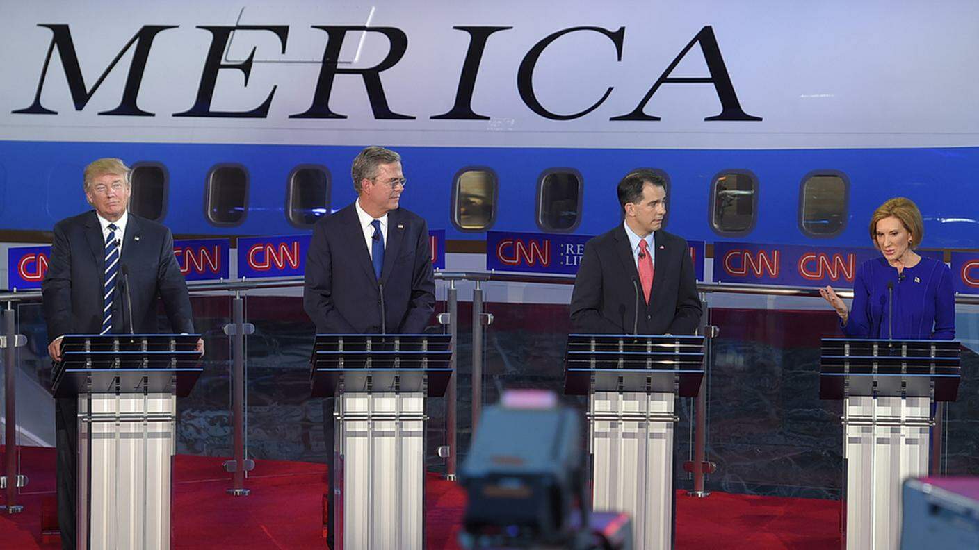Candidati a confronto. Da sinistra: Donald Trump, Jeb Bush, Scott Walker e Carly Fiorina