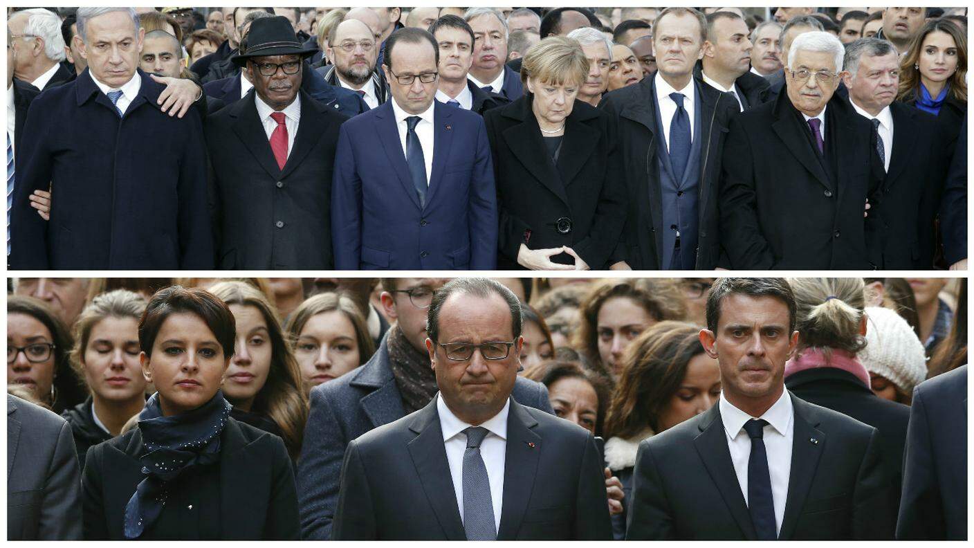 Hollande dopo gli attacchi a Charlie Hebdo e all'Hyper Cacher e oggi