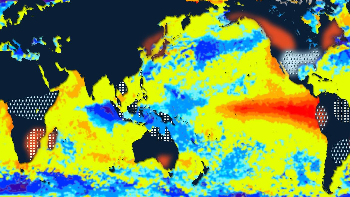 In questo schema si possono vedere gli effetti di El Niño sulle temperature delle acque oceaniche e sui fenomeni atmosferici. Alcune aree (indicate dal simbolo della goccia) vedono un aumento delle precipitazioni, anche violente. Altre, indicate dai quadratini, devono invece affrontare una diminuzione delle piogge e dei monsoni, rischiando periodi di siccità.