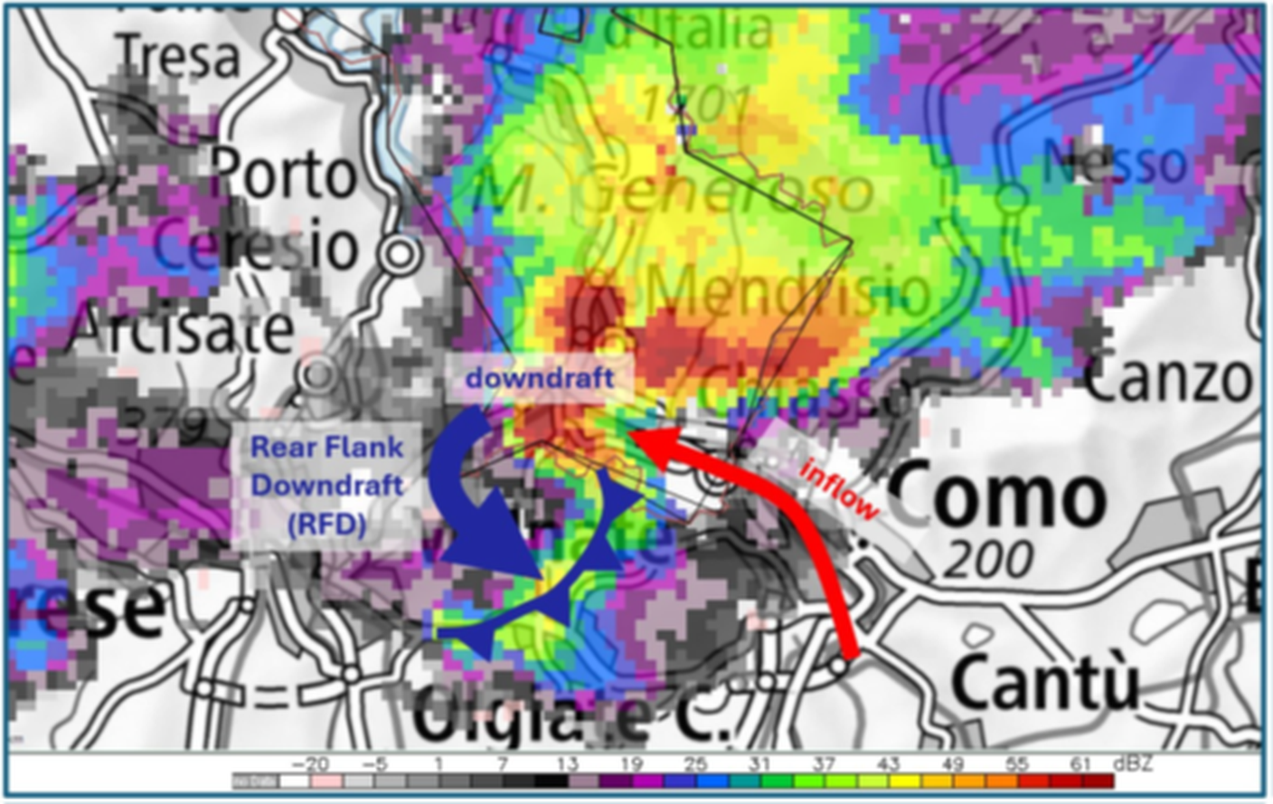 Il radar mostra la tipica forma a uncino del mesociclone, con la separazione dell'aria caldo-umida che alimenta il temporale (inflow) e la zona di precipitazioni (downdraft)