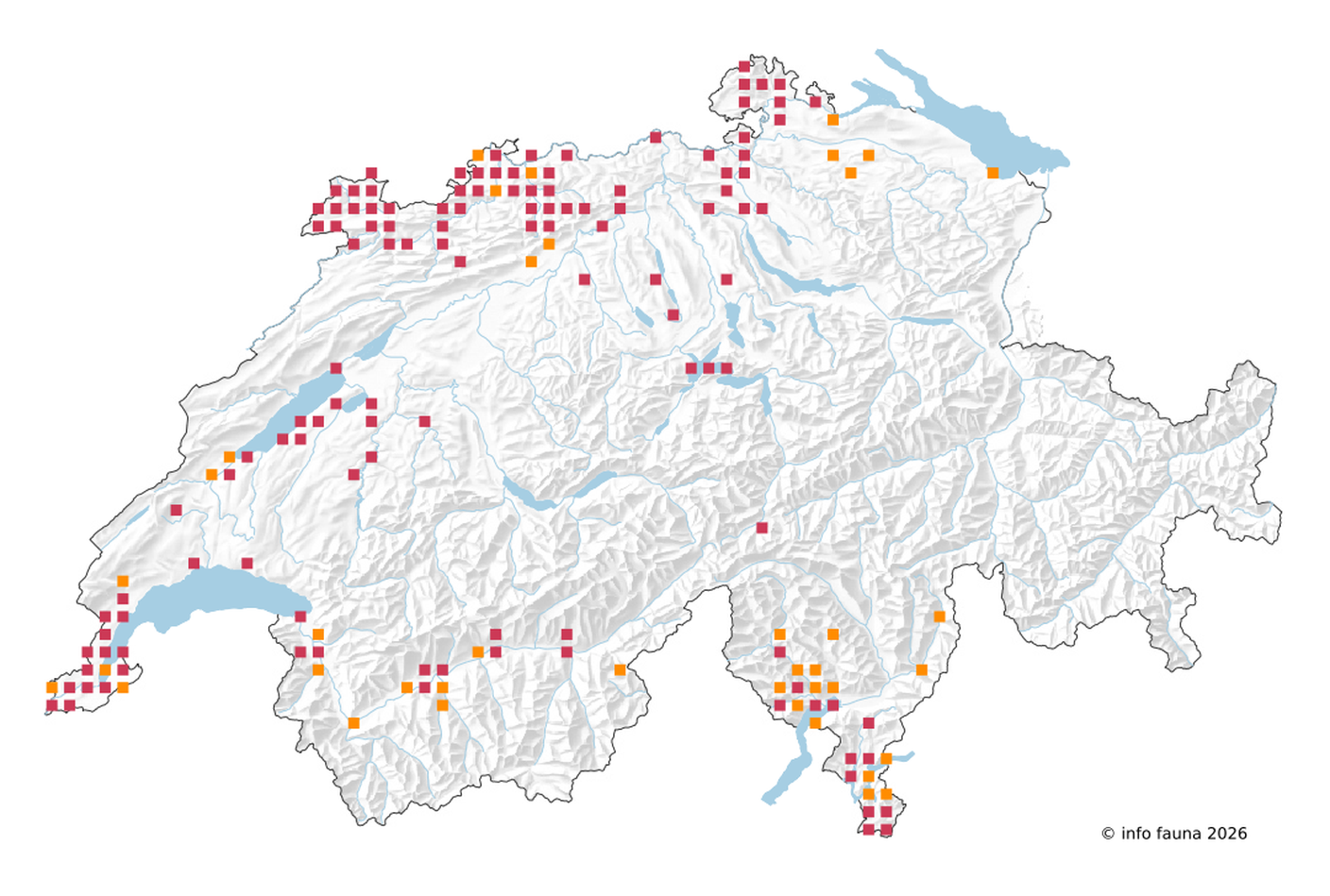 Distribuzione in Svizzera della processionaria della quercia: in giallo i dati raccolti prima del 2000, in rosso quelli registrati dopo il 2000