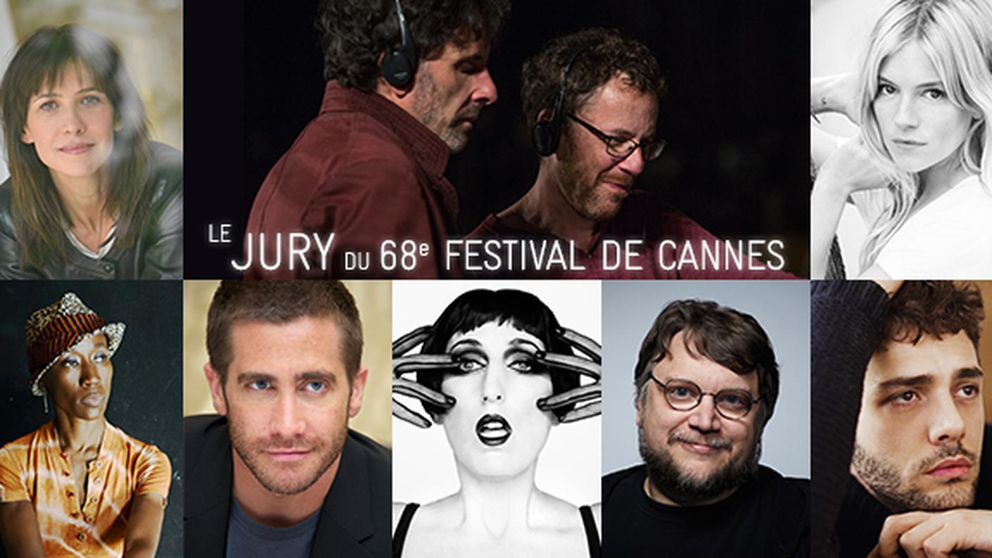 La giuria del Festival di Cannes. Dall'alto in senso orario: Sophie Marceau, Joel e Ethan Coen, Sienna Miller, Rokia Traoré, Jake Gyllenhaal, Rossy de Palma, Guillermo del Toro, Xavier Dolan 