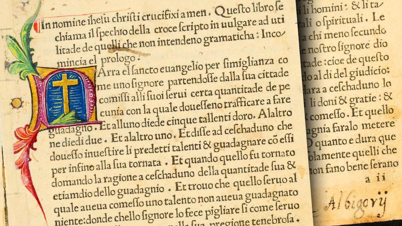 Lo Specchio della Croce, del 1489, con la nota di provenienza dal Bigorio