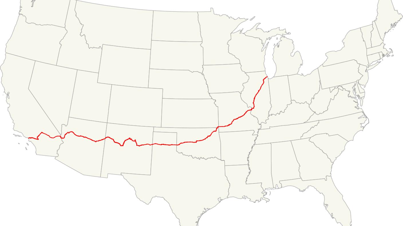 Il percorso di oltre 2'400 miglia della Route 66 evidenziato da Wikipedia