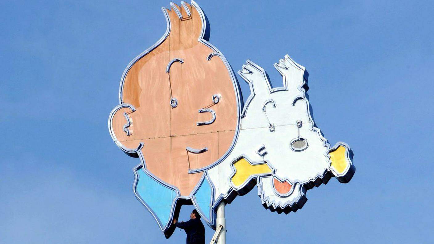 Gigantografia di Tintin e del fido Milou