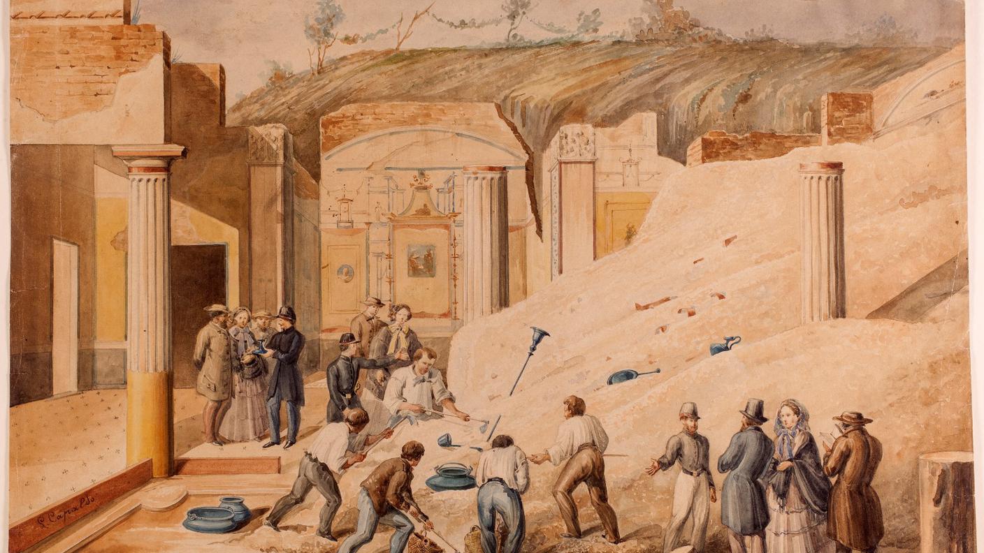 Scavo archeologico a Pompei, Luigi Capaldo, 1850-1899. China e acquarello su carta vergata 