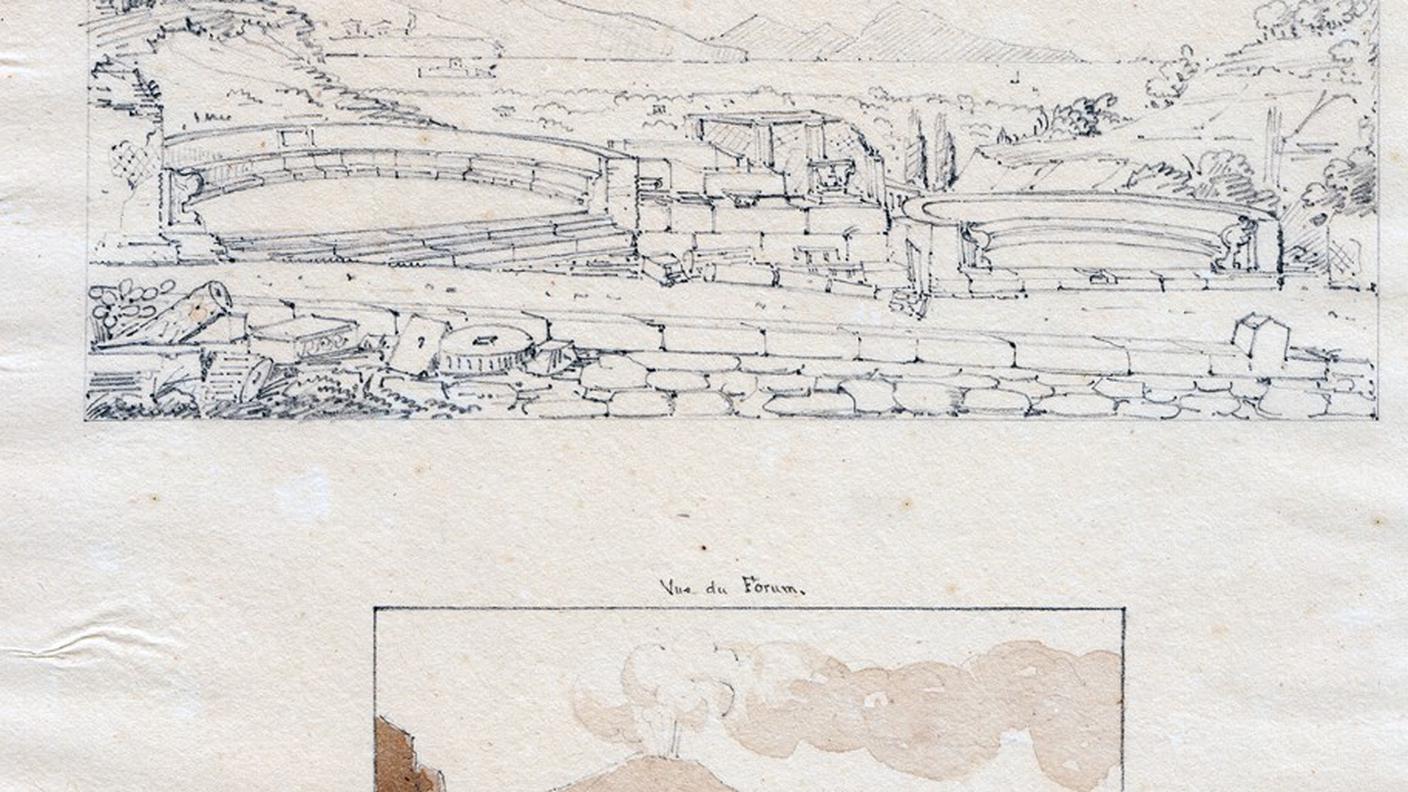 Veduta della Via dei Sepolcri e veduta del Foro. Louis Destouches, Pompei, 1816-1817 