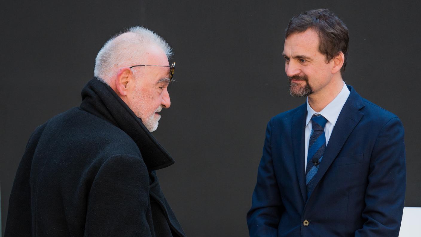 Béla Tarr e Marco Zucchi sulla terrazza del Palacinema