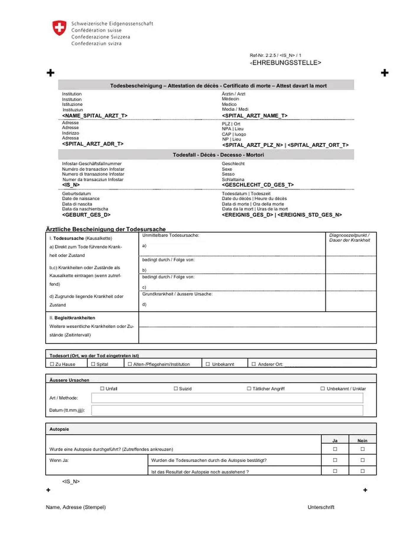 Il certificato di causa di decesso utilizzato oggi. L'UST esamina attualmente modifiche al fine di poter, se necessario, pubblicare cifre sul turismo della morte