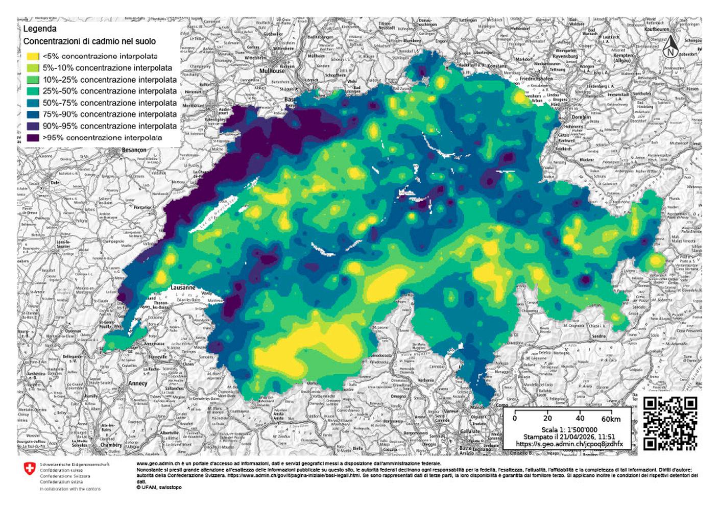 Carta della Confederazione sulla concentrazione di cadmio nel suolo
