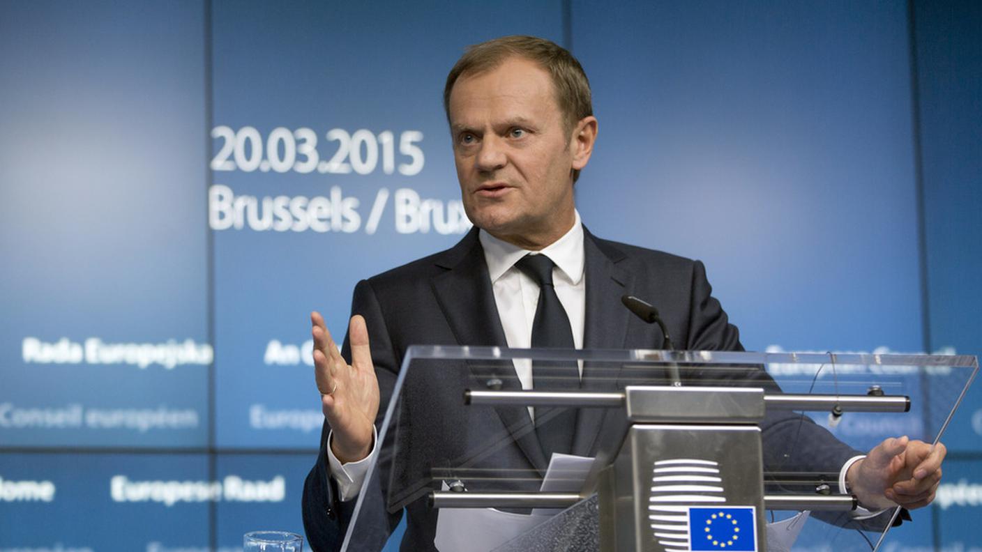 Donald Tusk durante una conferenza al summit dell'Unione Europea a Bruxelles 