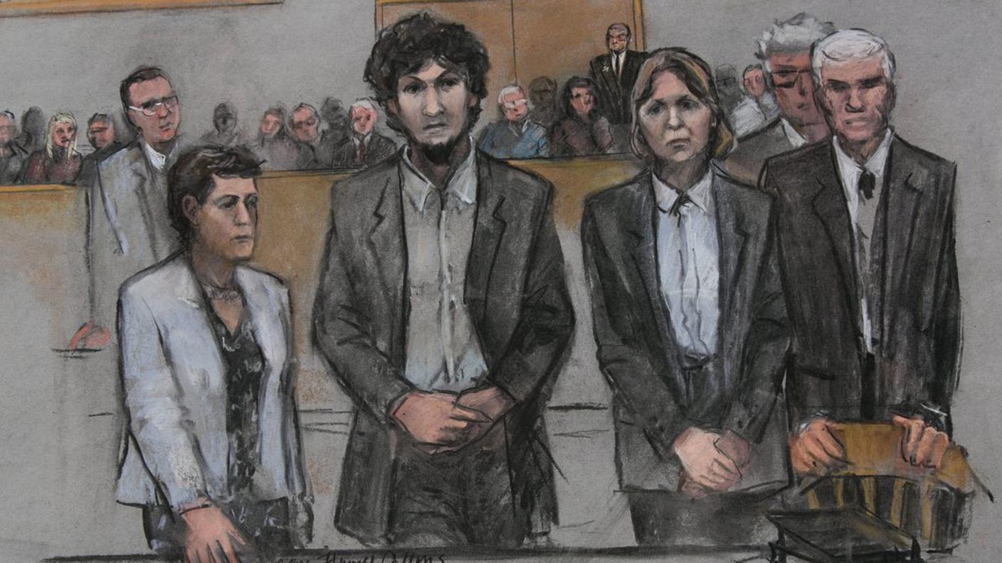 Una raffigurazione di Tsarnaev durante la lettura del verdetto, il 15 maggio