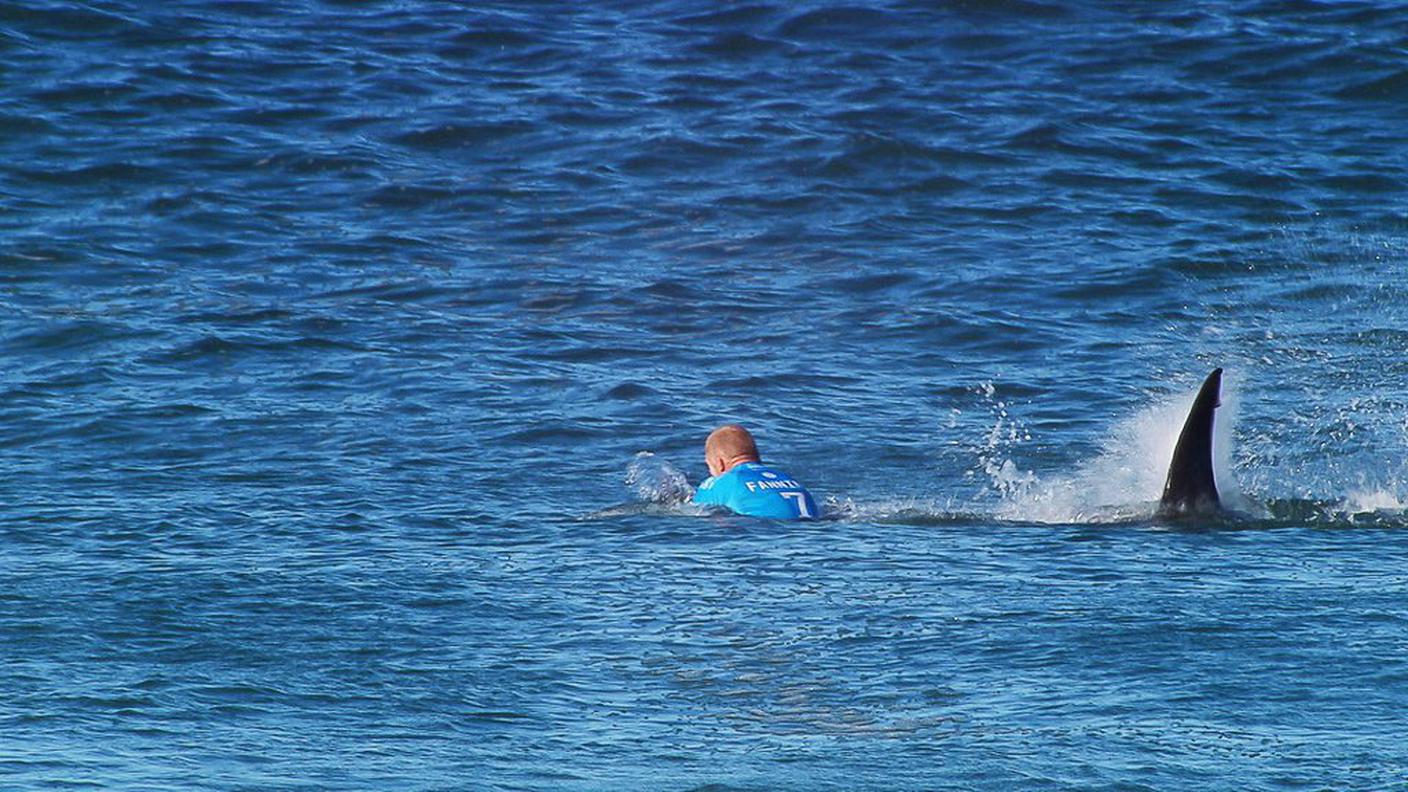 L'"incontro" tra Mick Fanning e uno dei due squali