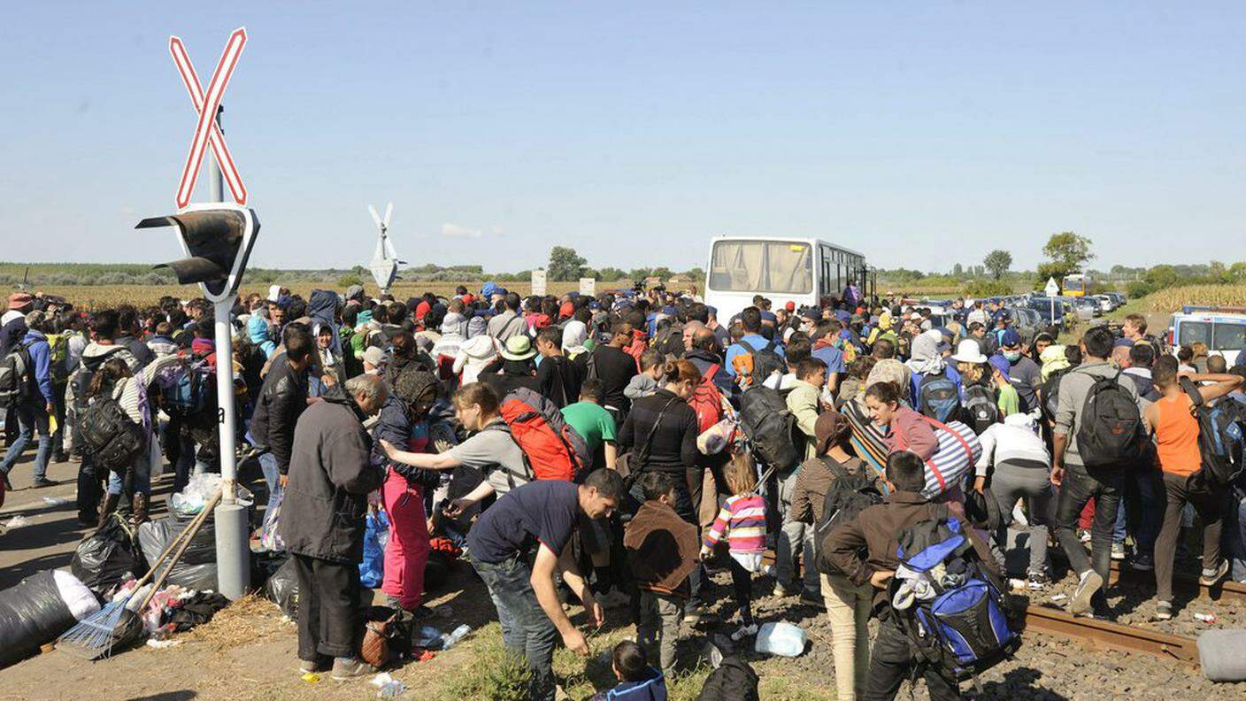 I profughi stanno attraversando Roszke, al confine tra Serbia e Ungheria