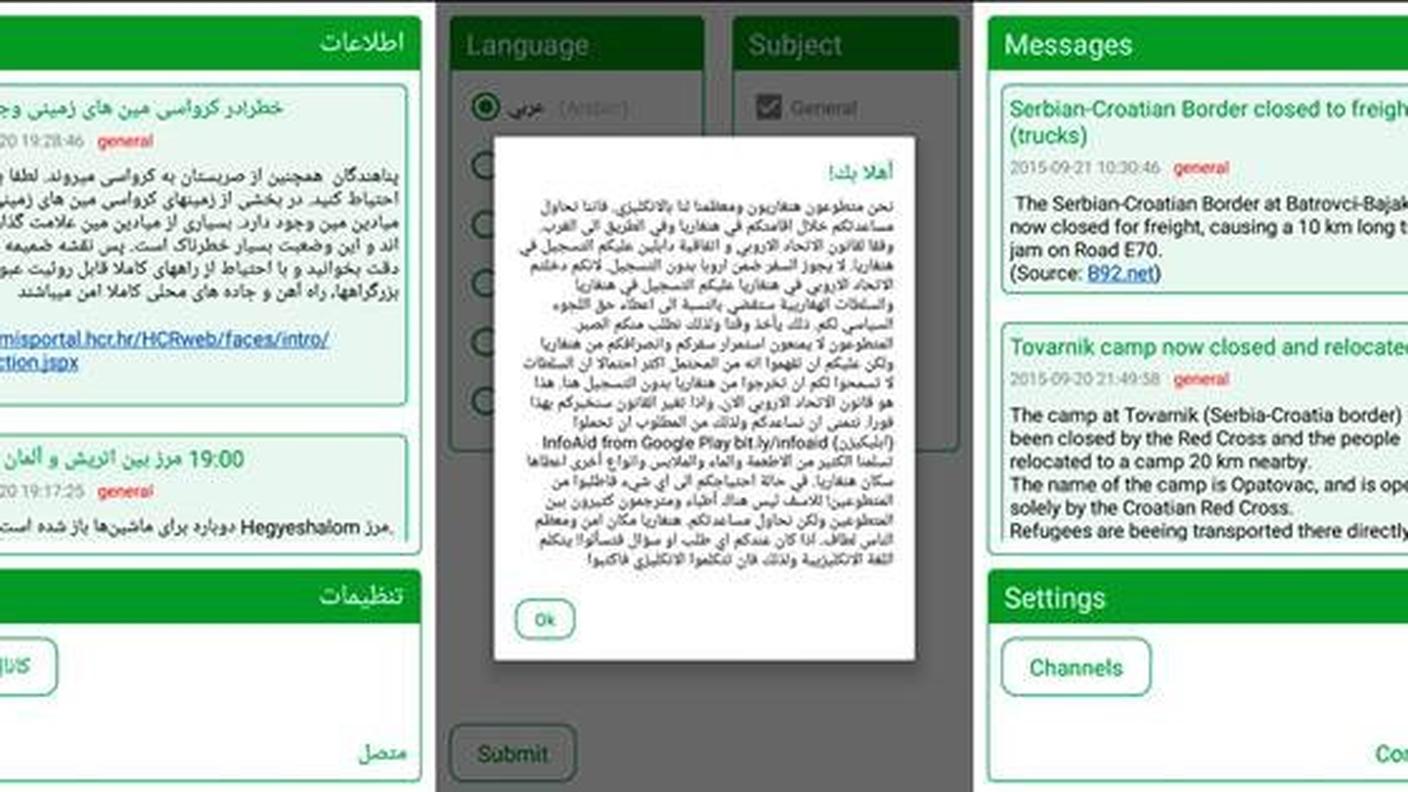 InfoAid è disponibile in sei lingue: inglese, ungherese, arabo, farsi, urdu e pashtu