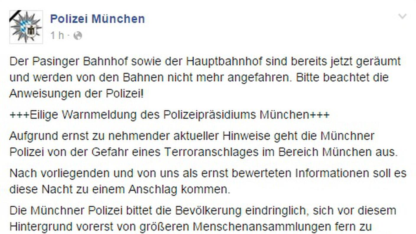 Il comunicato sulla pagina Facebook della polizia di Monaco (clicca per ingrandire)