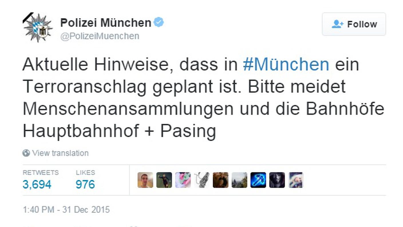 Il tweet della polizia di monaco