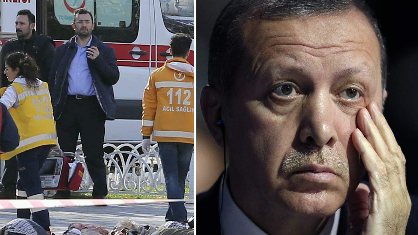 L'area dell'attentato. Il premier Erdogan