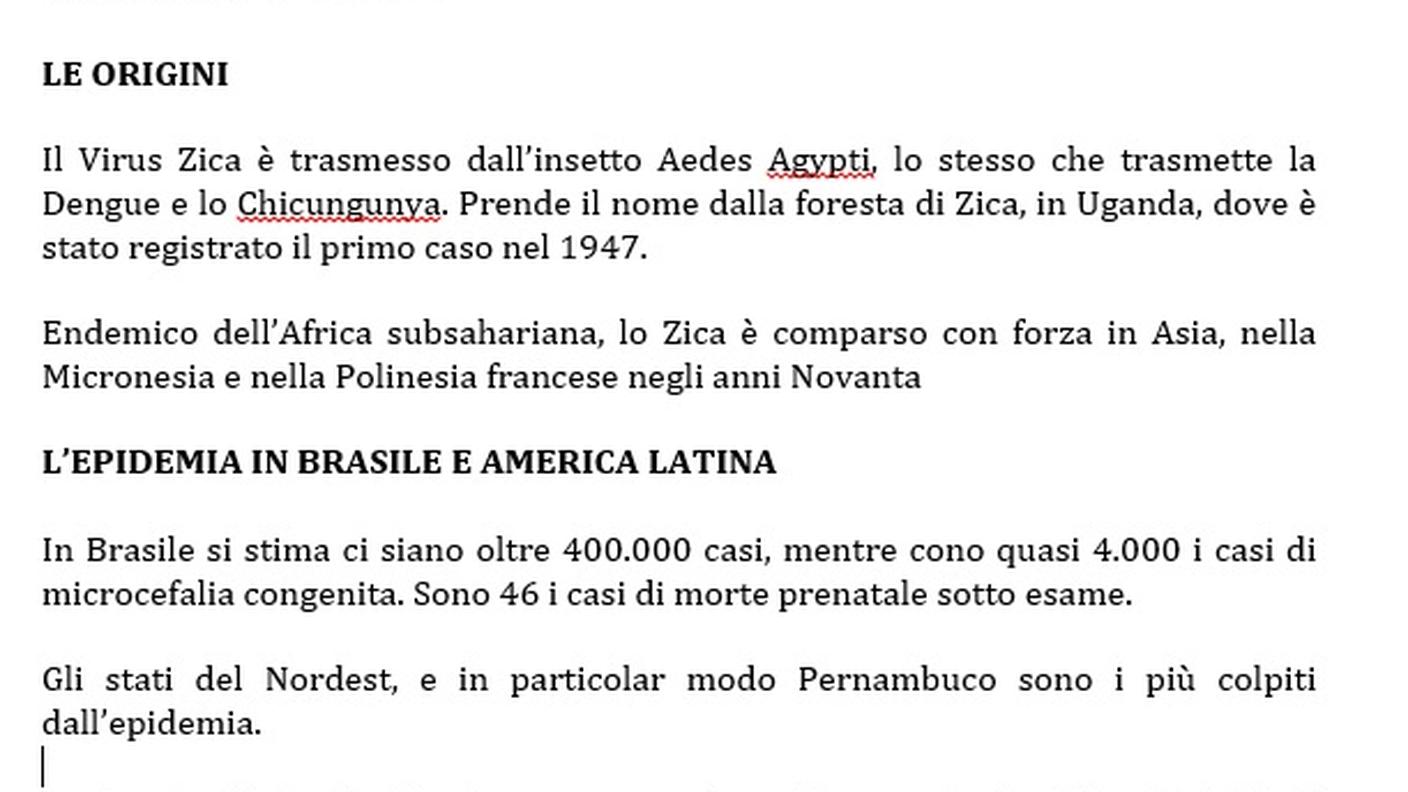 Tabella schematica relativa al virus zica