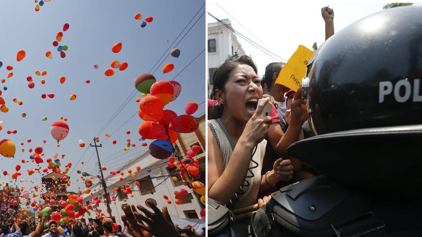 Palloncini colorati: simbolo delle anime che volano verso l'aldilà. Proteste: 4 milioni di nepalesi ancora senza casa