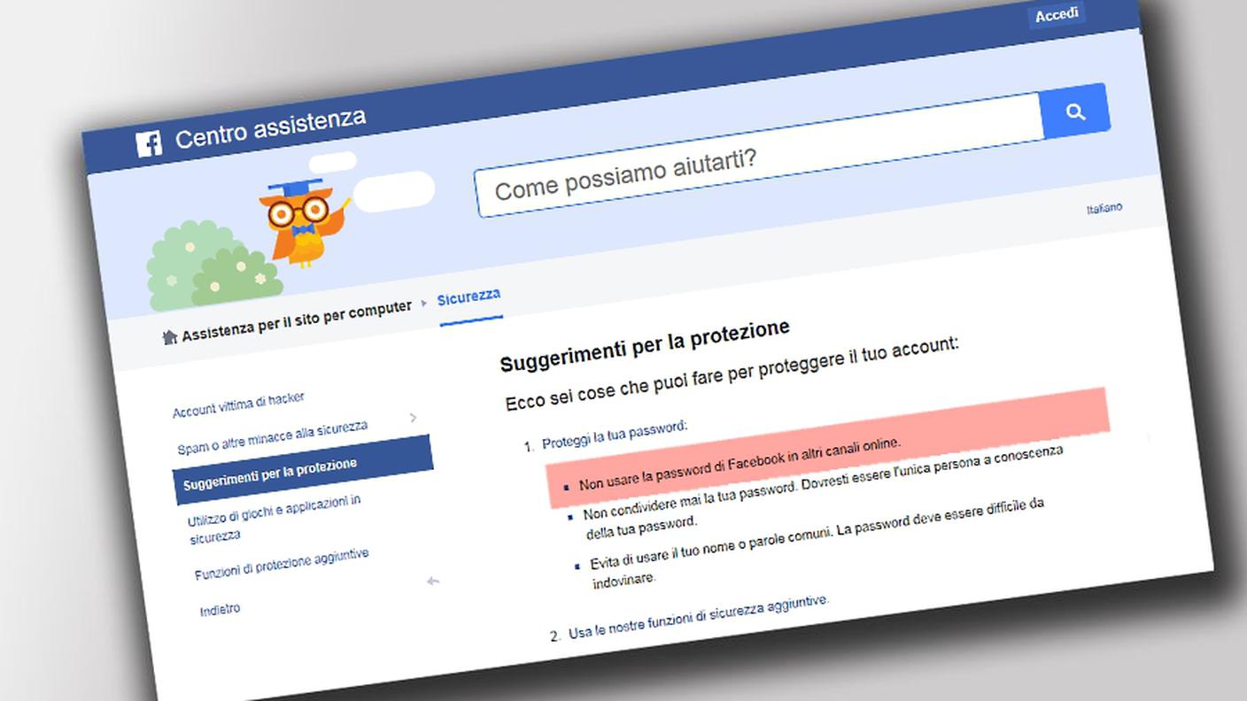 «Non usare la password di Facebook in altri canali online» e «La password deve essere difficile da indovinare»