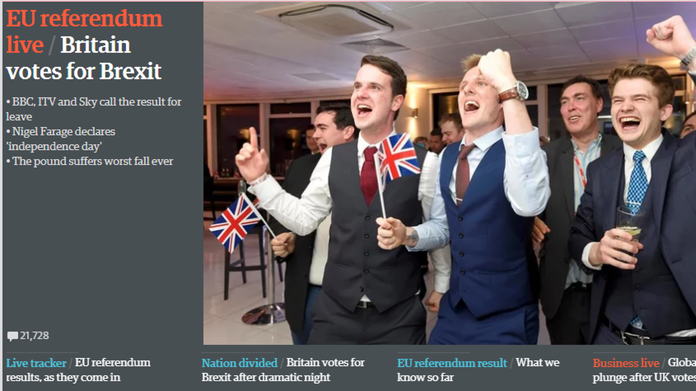 La gioia dei favorevoli alla Brexit sulla prima pagina online di The Guardian