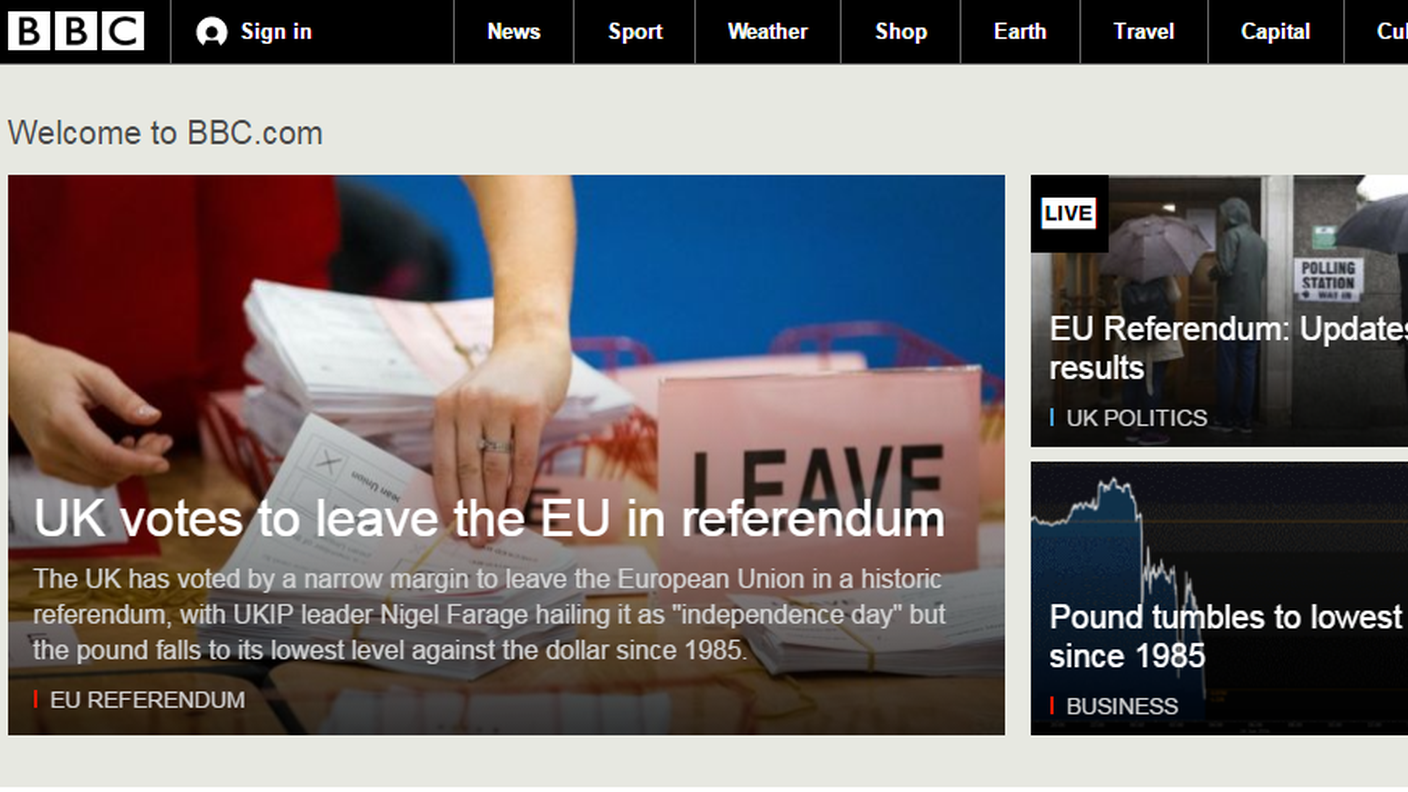 L'apertura della BBC online con la caduta della Sterlina