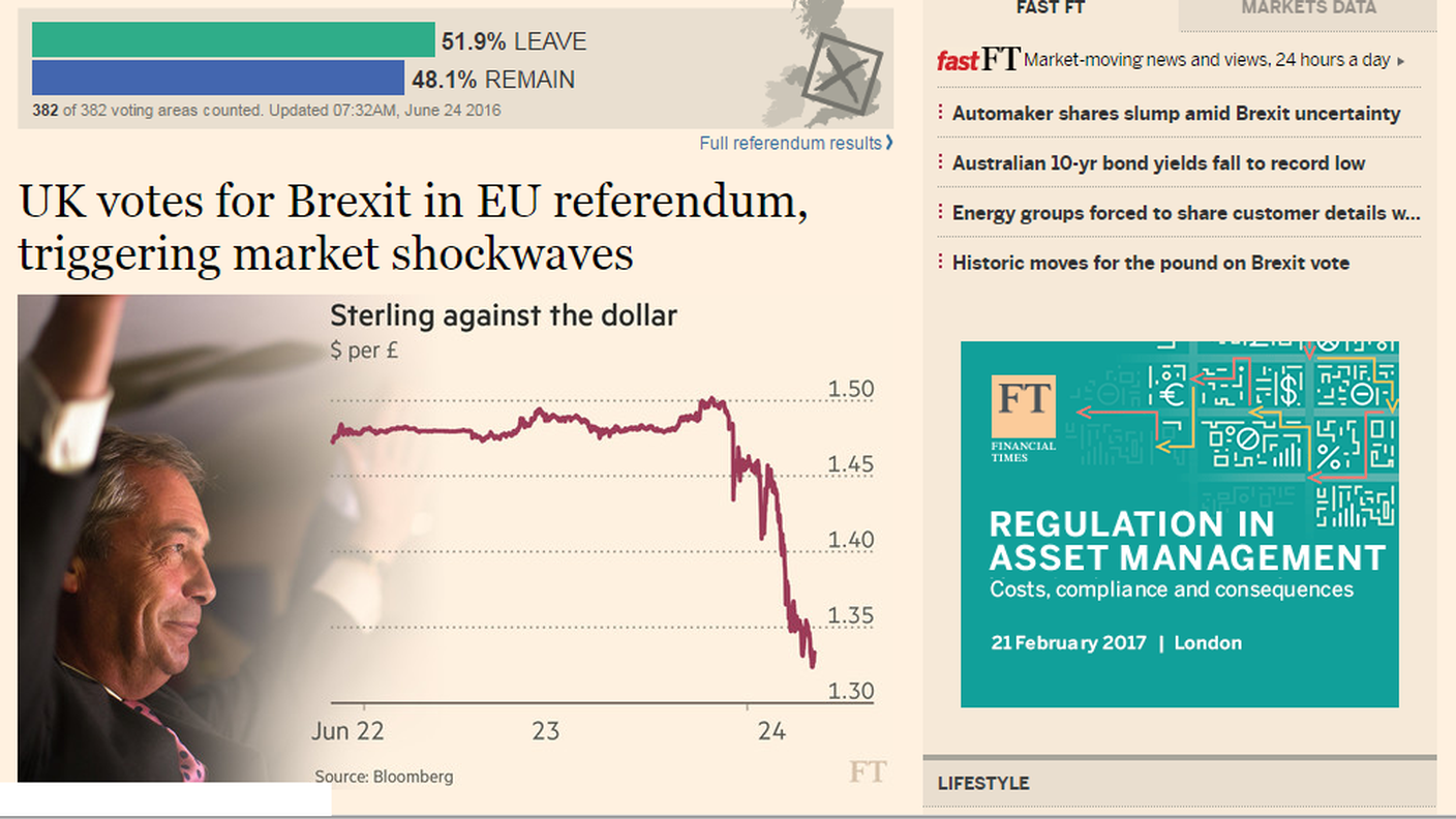 La foto di Farage di fianco al tonfo della sterlina sul Financial Times