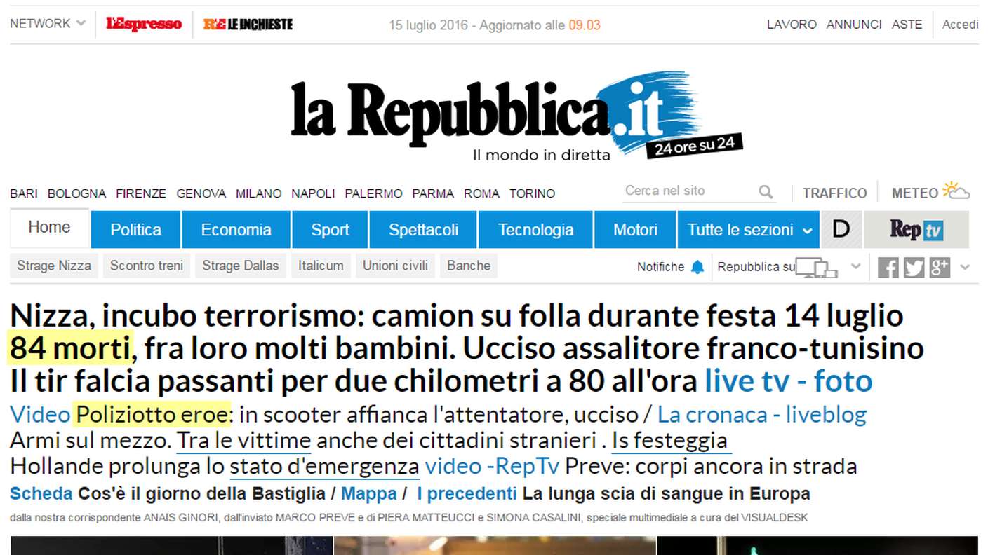 La pagina online di Repubblica