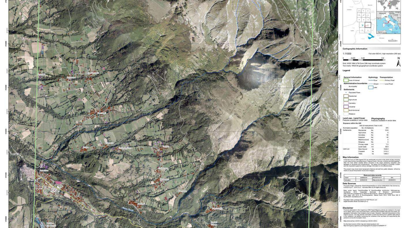 Una ripresa satellitare della località di Amatrice. Il sisma ha prodotto nell'area una deformazione del suolo di 20 centimetri