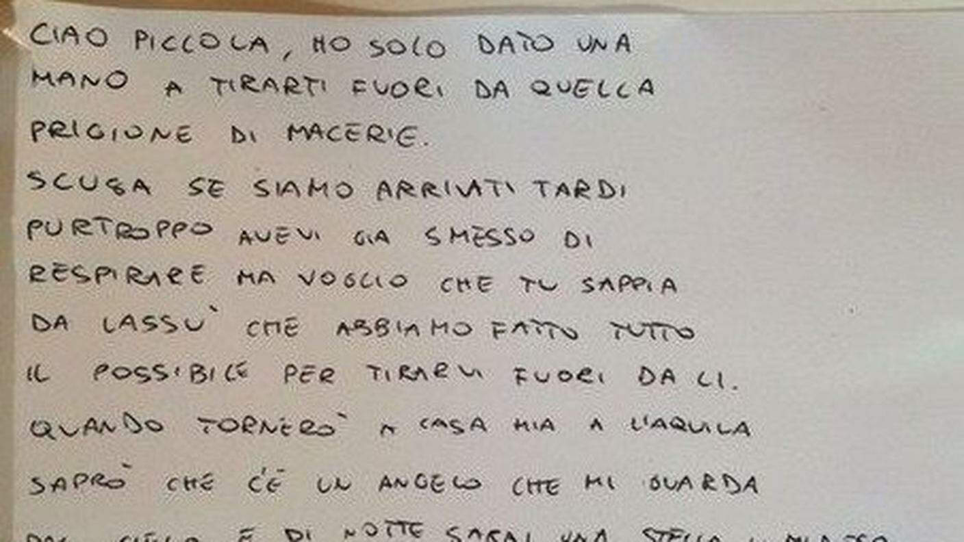 La lettera di un vigile del fuoco a una piccola vittima del recente terremoto in Italia (clicca sull'immagine per ingrandirla)