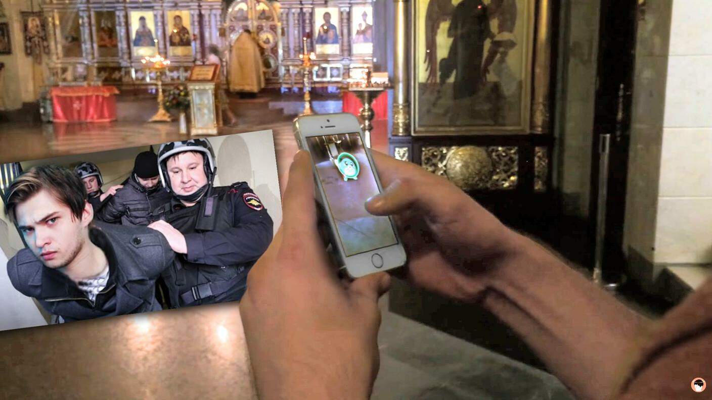 Nel montaggio, Ruslan Sokolovski a caccia di Pokemon in chiesa; nella foto piccola, l'immagine poster del nuovo video in cui parla del suo arresto