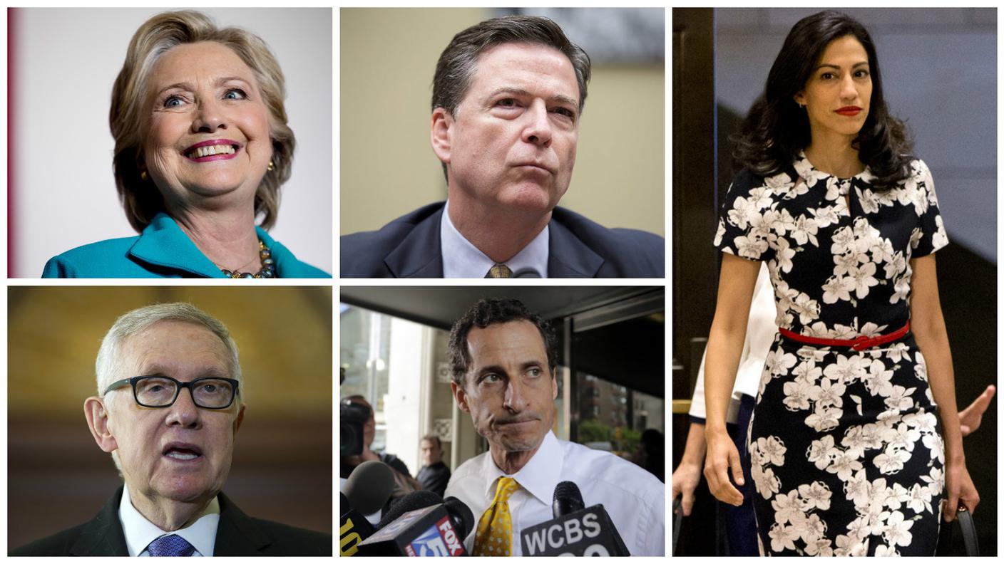 I protagonisti della vicenda: in senso orario Clinton, Comey, Abedin, Weiner e Reid