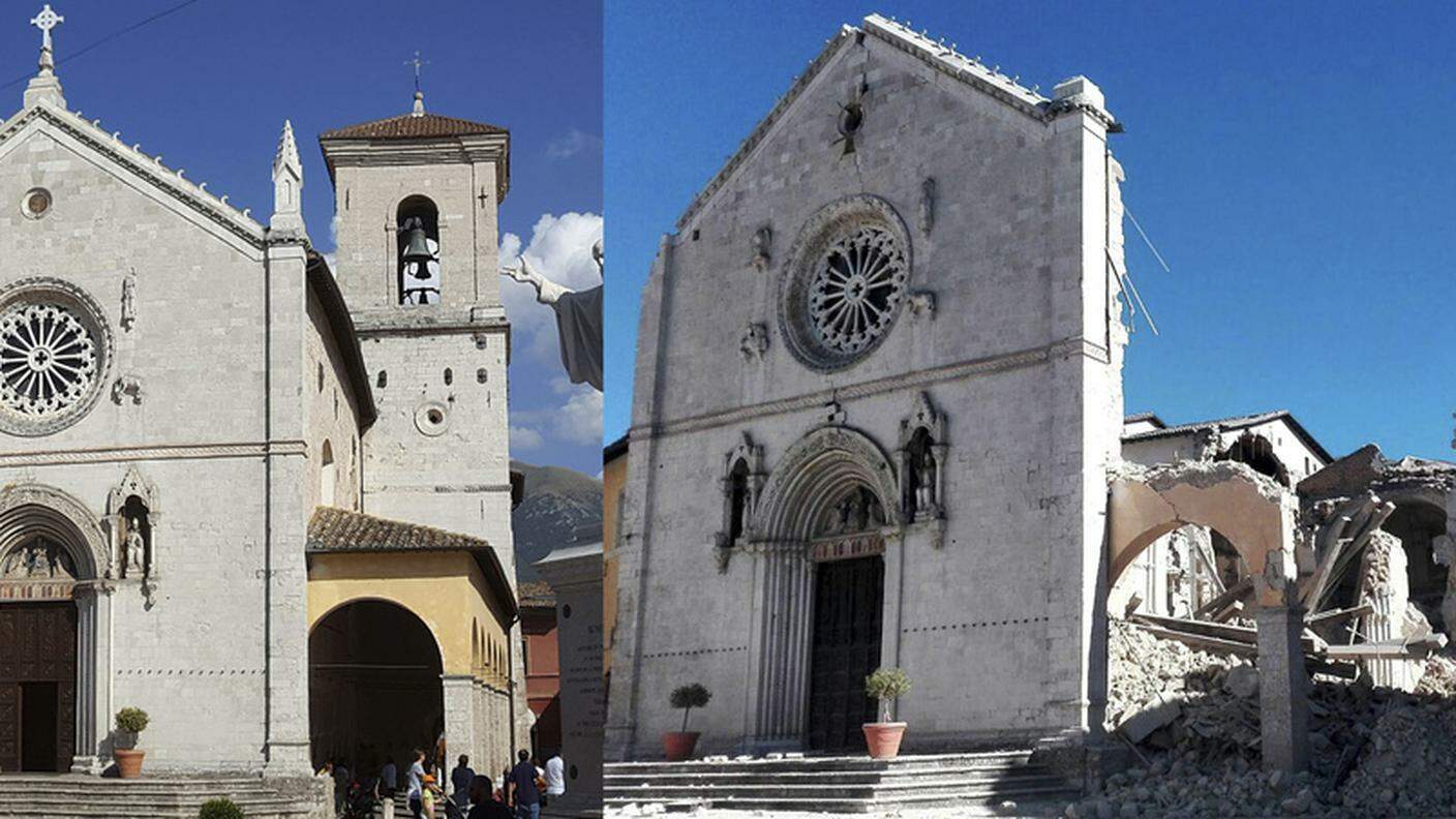 La Basilica di San Benedetto a Norcia, prima e dopo il sisma. La foto ha fatto il giro del mondo