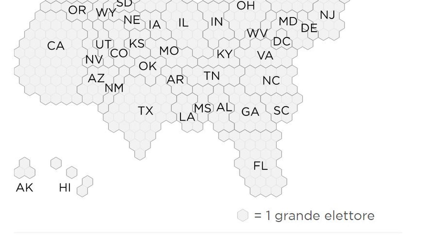 La mappa interattiva - Tutti gli Stati e, per ogni esagono, un grande elettore