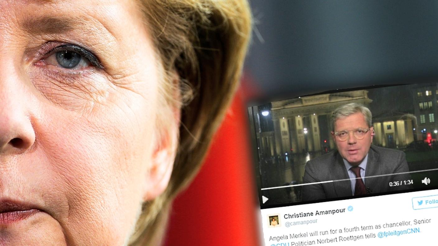 Angela Merkel; nella foto piccola, il tweet con Norbert Röttgen