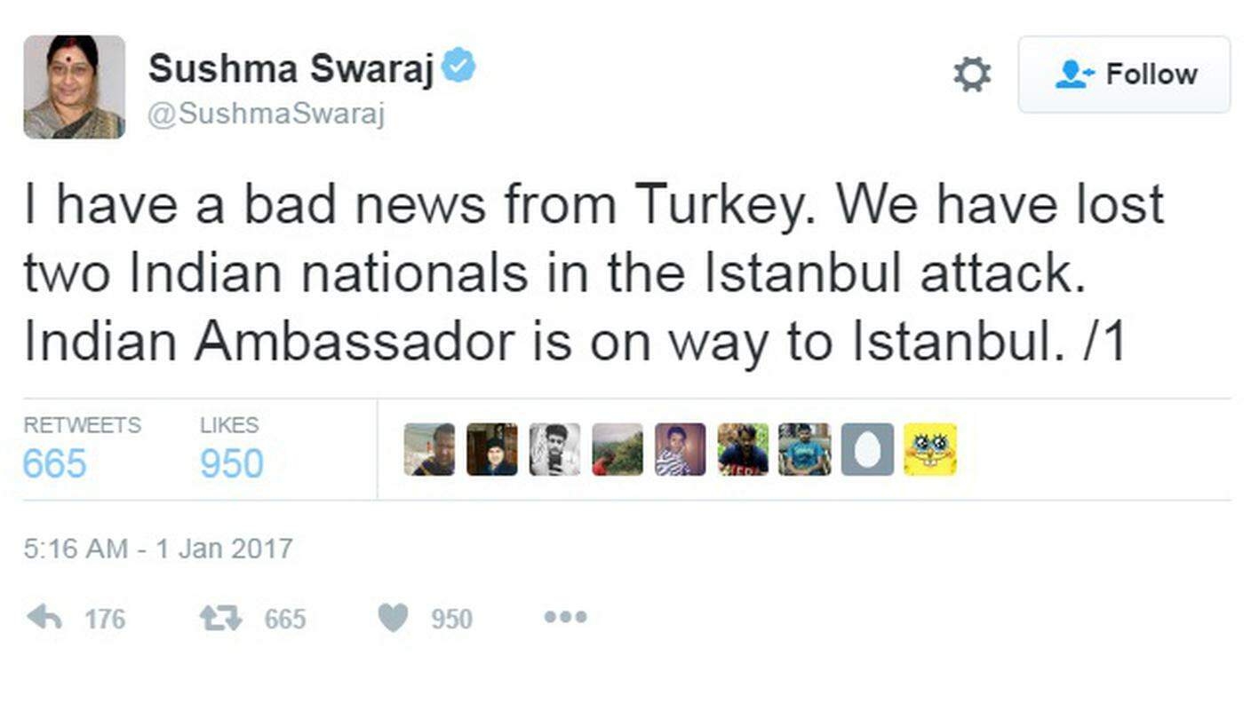 Il tweet della ministra indiana Sushma Swaraj